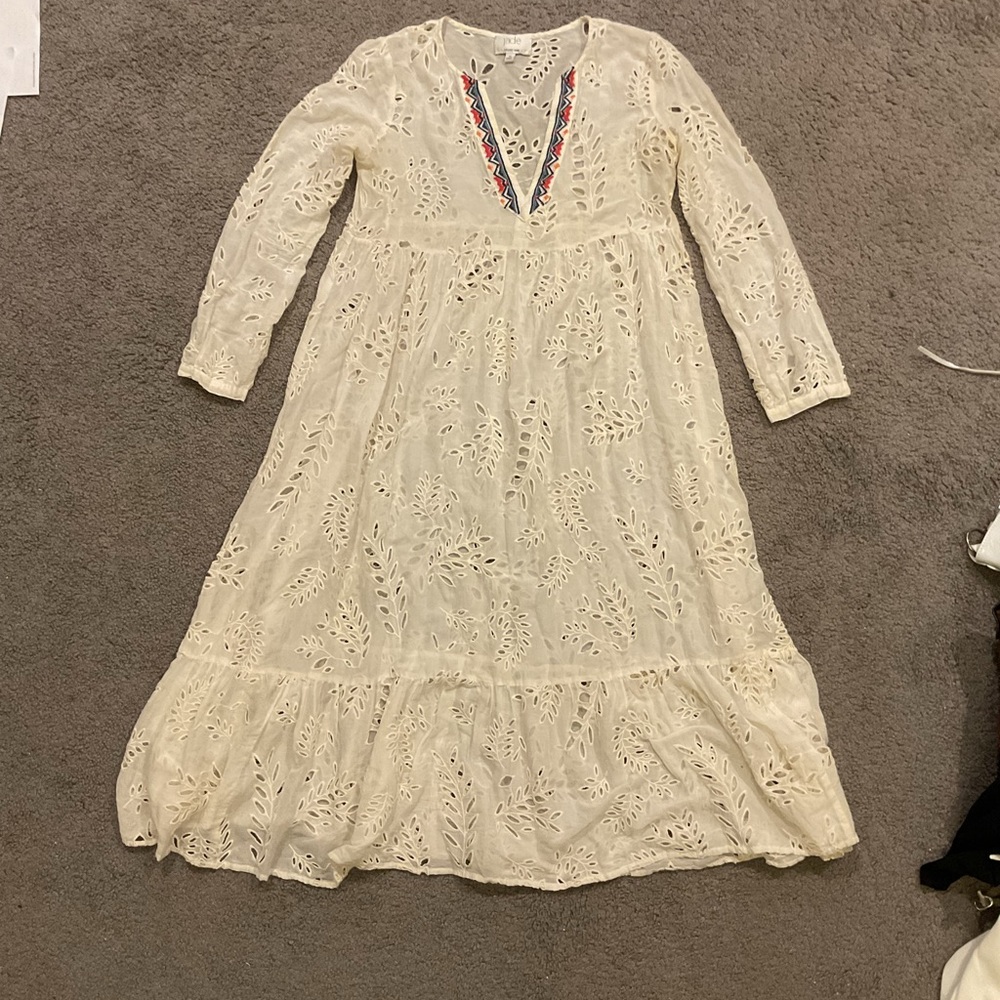 Jade Johnny Was Cotton Silk White Eyelet Embroidered Maxi Dress Hippie Fairy, XS